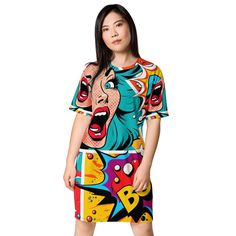 Embrace the spirit of iconic pop art with our comfortable fit T-shirt dress, inspired by the legendary Andy Warhol style. This unique garment boasts a stunning comic art print that captures the essence of vibrant colors and bold designs. Whether you're searching for a gift for her or looking to elevate your own wardrobe, our comic book loose fit summer dress is the perfect choice for making a statement and standing out from the crowd. Step into the past with our retro dress, offering a loose fit and a touch of nostalgia. This summer dress is not only stylish but also a joy to wear, thanks to its lightweight and breathable fabric. The vibrant and dynamic color palette brings a playful charm to your ensemble, making it a delightful addition to your summer wardrobe. Feel confident and fashion Graphic Print T-shirt Dress For Streetwear, Retro Cotton Dress With Graphic Print, Multicolor Graphic Print Crew Neck Dress, Multicolor Graphic Print Dress With Crew Neck, Multicolor Graphic Print Short Sleeve Dress, Short Sleeve Multicolor Graphic Print Dress, Cotton Graphic Print Streetwear Dresses, Cotton Streetwear Dress With Graphic Print, Cotton Graphic Print Dress For Streetwear