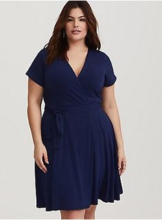 Plus Size Dresses | Torrid Plus Size Work Dresses, Casual Plus Size Outfits, Plus Size Outfits Casual, Navy Wrap Dress, Plus Size Peplum, Studio Knit, Big Size Dress, Wrap Dress Short, Stretch Knit Dress