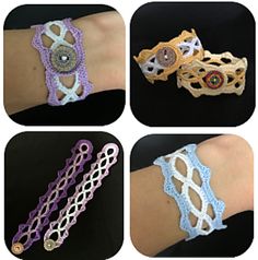 four different types of bracelets on a woman's arm