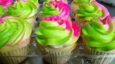 cupcakes with green and pink frosting in a plastic container