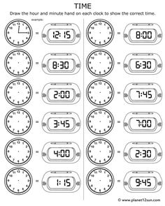 printable worksheet for telling time to the hour and minute hand on each clock