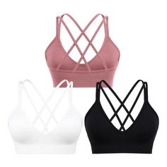 PRICES MAY VARY. ➤COMFORTABLE MATERIAL: 92% Nylon + 8% Spandex,These sexy v-front yoga sports bra are made of soft, breathable, and sweat-wicking fabric, so you can breeze through hot, sweaty workouts. ➤UNIQUE DESIGN: The V-neck design of this workout bra enhances your cleavage, while the sexy strappy crisscross back not only adds style but also offers extra support. ➤REMOVABLE SOFT PADS: This sports bras for women adds two soft detachable cups, which can enlarge the coverage and shape to increa Seamless Fitted Cross Back Bra, Seamless Fitted Cross-back Bra, Seamless Medium Support Sports Bra With Cross Back, Stretch Camisole Crop Top For Sports, Seamless Stretch Cross Back Bra, Seamless Stretch Cross-back Bra, High Stretch Seamless Cross Back Sports Bra, Seamless V-neck Stretch Sports Bra, V-neck Workout Bra With Built-in Support