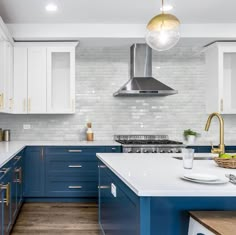 Urban Brick Porcelain Tile Coconut 6x15 featured on a kitchen backsplash Small Kitchen Backsplash, Artisan Stone Tile, Blue Kitchen Interior, Modern Kitchen Storage, Recycled Tile, Kitchen Blue, Blue Backsplash, Blue Cabinets, Kitchen Storage Solutions