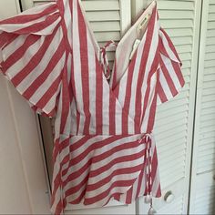 Essue - Nwt Short Sleeve Striped Wrap Blouse. Stripe Colors Are Between A Muted Red/Pink. Size Is Labeled As A L But Fits Much Closer To A M Red Cotton Blouse For Brunch, Red Summer Blouse For Brunch, Red V-neck Summer Blouse, Red Angel Wings, Dressy Sweaters, Yellow Adidas, Muted Red, Tie Women, Flare Top