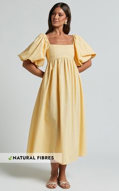 Cenia Midi Dress - Linen Look Straight Neck Shirred Back Puff Sleeve Dress in Lemon | Showpo USA Friday Outfit, Holiday Vibes, Dress Linen, Puff Sleeve Dress, Dress Order, Puffed Sleeves Dress, Midi Length Dress, Guest Outfit, Orange Dress