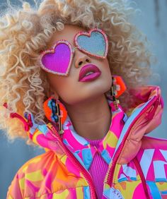 Bright Hair Aesthetic, Neon Style Outfit, Pride Aesthetic Outfits, Extravagant Outfits, Colorful Photoshoot, Fiesta Outfit, Unique Sunglasses, Afro Style, Crazy Outfits