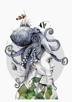 a woman with an octopus on her head and fish in the water above her head