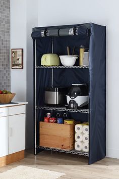 a kitchen shelving unit with various items on it