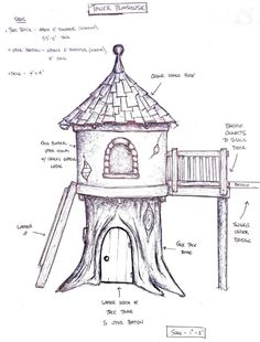 a drawing of a tree house with plans for the top and bottom part, including stairs