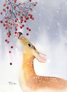 a painting of a deer with berries on it's head