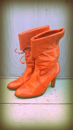 70s rust orange cuffed leather slouchy vintage by GreenCanyonRoad, $52.00 Retro Medium Width Boots For Fall, Retro Mid-calf Boots With Round Toe For Fall, Retro Wide Calf Boots For Fall, Vintage Wide Calf Mid-calf Boots For Fall, Vintage Wide Calf Mid-calf Boots For Winter, Fitted Vintage Mid-calf Boots, Orange Round Toe Boots For Fall, Vintage Red Boots For Fall, Vintage Leather Fitted Mid-calf Boots