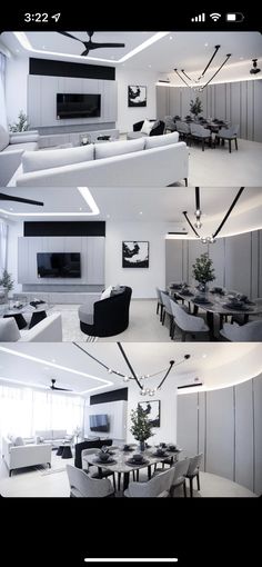 the interior of a modern apartment with white furniture and black accents, including an oval dining table