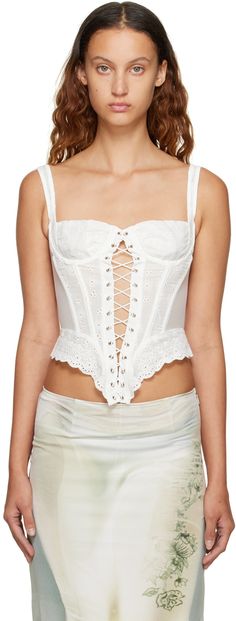 Plain-woven cotton and sheer stretch nylon mesh camisole. Boning and broderie anglaise detailing throughout. · Paneled construction · Lace-up closure · Zip closure at back · Partial mesh lining Supplier color: White Summer Tops With Spaghetti Straps And Boned Bodice, Fitted Cami Corset With Lace Trim, Spring Camisole Fitted Corset, Spring Fitted Camisole Corset, Spring Camisole Corset, Sleeveless Lace Top With Corset Back, Spring Lace Camisole Corset, Spring Lace Corset, Sleeveless Lace Tops With Boned Bodice