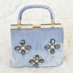 Brand New 6.5" W X 5" H X 4" D Luxury Blue Embellished Shoulder Bag, Chic Embellished Blue Bag, Chic Blue Embellished Bag, Formal Blue Embellished Shoulder Bag, Elegant Blue Embellished Shoulder Bag, Blue Embellished Bag For Everyday Use, Blue Rectangular Embellished Shoulder Bag, Blue Rectangular Shoulder Bag For Events, Blue Rectangular Event Shoulder Bag