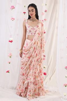 Shop for Esha Koul Pink Georgette Printed Ruffle Saree With Blouse for Women Online at Aza Fashions Ruffle Saree, Indian Saree Blouse, Ready To Wear Saree, Indian Wedding Wear, Luxury Sale, Printed Saree, Indian Fashion Designers, Pink Saree, Saree With Blouse