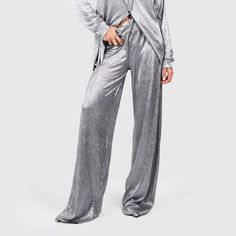 Silver Metallic Relaxed Fit Plisse Pants Elastic Waist Stretch Unlined No Pockets 100% Polyester Casual High Waist Pantsuit For Party, Trendy Full-length Evening Pants, Casual Evening Trousers, Casual Party Pantsuit With Straight Pants, Casual Pantsuit With Straight Pants For Party, Trendy Wide-leg Party Pants, Casual Full Length Evening Pants, Casual Wide-leg Party Bottoms, Plisse Pants