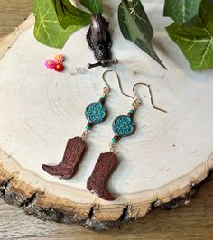 Carved Wood Cowboy Boots and Turquoise Metal Western Style Statement Earrings - Etsy Western Style Earrings For Gifts, Handmade Rustic Jewelry For Rodeo, Handmade Western Dangle Earrings, Handmade Western Turquoise Earrings, Whimsical Handmade Turquoise Earrings, Cowboy Boot Jewelry, Bohemian Turquoise Concho Earrings, Turquoise Dangle Earrings Western Style, Western Turquoise Dangle Earrings