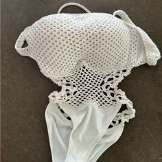 Handmade From Etsy. Never Worn. Small Tear That I Repaired On Inside Of Bra Area Of Suit (Pictured). White Crochet Swimwear For Pool, White Crochet Lace Beachy Top, Spring Crochet Top For Poolside, Crochet Sleeveless Swimwear For Beach, Fitted Hollow Out Crochet Top For Vacation, Sleeveless Crochet Swimwear For Beach, White Crochet Lace Swimwear For Beach, Sleeveless Crochet Swimwear For Beach Party, Sleeveless Crochet Swimwear For Beach Season