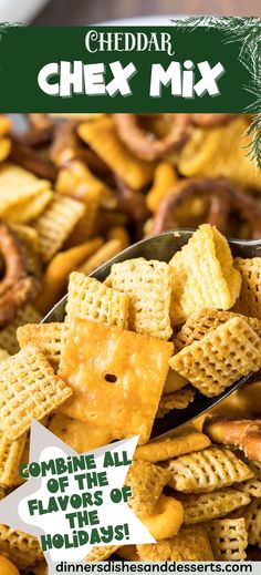 chex mix in a bowl with a spoon full of cheesy crackers