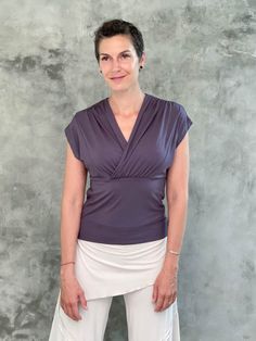 caraucci plant-based rayon stretch jersey steel grey cross over neckline top #color_steel Cross Over Top, Crossover Top, Moto Pants, Cap Sleeve Tee, Nursing Mom, Sewing Project, Pants Jeans, Project Ideas, Cap Sleeve