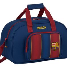 a blue and red bag with the name barcelona on it