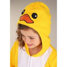 Your child will be ready for a rainy day, a Halloween celebration, or a cozy cuddle in bed when they have this Toddler Yellow Duck Onesie! This fleece jumpsuit zips down the front and has orange rib knit cuffs at the wrists and ankles. The hood has an adorable duck face on it, and the back of the onesie even has a small duck tail! Hooded Onesie For Costume Party In Winter, Winter Costume Party Hooded Onesie, Hooded Onesie For Winter Costume Party, Winter Hooded Onesie For Costume Party, Playful Hooded Onesie For Sleepovers, Cute Winter Onesie For Sleepovers, Cute Yellow Long Sleeve Onesie, Casual Winter Onesie For Costume Events, Casual Winter Onesie Costume