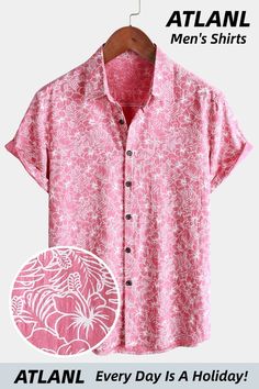 😍Wow Your Friends Floral Shirt!!! 100% Cotton Great for summer vacations like camp,luau,cruise,sun beach etc. Pink Floral Print Short-sleeved Hawaiian Shirt, Printed Button-up Hawaiian Shirt For Beach, Affordable Men's Button-up Hawaiian Shirt, Pink Hawaiian Shirt, Affordable Men's Hawaiian Button-up Shirt, Spring Hibiscus Print Button-up Shirt, Black Hawaiian Shirt, Resort Casual, Summer Fashion Accessories