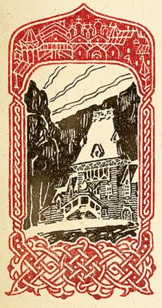 an old red and black stamp with a house in the middle, surrounded by celtic designs