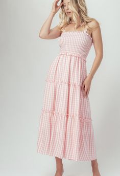 Pink gingham print maxi dress w/ smocked bodice and tie straps Lined 50% rayon, 50% polyester hand wash or dry clean Gingham Dress Outfit, Sugar Dress, Pink Check Dress, Pink Gingham Dress, Teacher Outfit, Pink Gingham, Teacher Outfits, Gingham Print, Gingham Dress