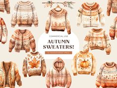 watercolor autumn sweaters with leaves and pumpkins