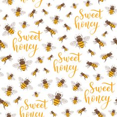 the words sweet honey and two bees on a white background with orange accents are drawn by hand