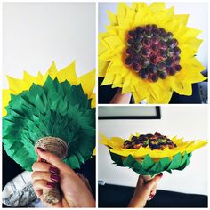 three pictures of flowers made out of paper and straws, one with grapes on it