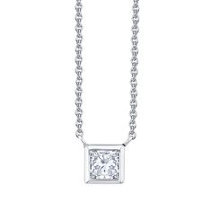 A timeless classic diamond necklace to stand the test of time. A simple perfection. Crafted in 14K white gold Princess cut diamond weighing 0.72 carats Color J and Clarity SI3