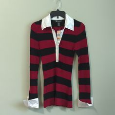 Gorgeous Red And Black Striped Long Sleeve Ribbed Top With A Bit Of Sparkle And 100% Silk White Collar And Cuffs. New With Tags! Flawless. Smoke Free, Kitty Friendly Home. Black Striped Cuffs Tops For Work, Black Tops With Striped Cuffs For Work, Classic Long Sleeve Tops With Striped Cuffs, Black Workwear Tops With Striped Cuffs, Long Sleeve Sweater With Striped Cuffs For Work, Long Sleeve Tops With Striped Cuffs For Layering, Casual Black Tops With Striped Cuffs, Winter Workwear Top With Striped Cuffs, Striped Fitted Top With Ribbed Cuffs