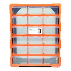 an orange and clear plastic storage box with six drawers on the bottom, two for each drawer