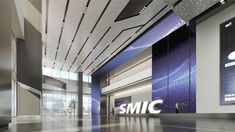 an empty lobby with the smic logo on the wall