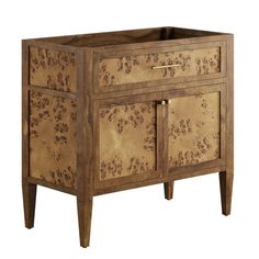 a wooden cabinet with two drawers and one door on the side, decorated in gold leaf print