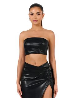 Our bandeau tube top arrives in vegan leather fashion and princess seam detail. Dual strap detail in the back with adjustability and belt buckle closure. Vegan Leather Collection Import Self: 60% PU, 40% Viscose Lining: 95% Polyester, 5% Spandex Model wears X-Small True to size Fitted Bandeau Corset Belt For Party, Bandeau Corset Belt For Party, Bandeau Party Corset Belt, Strapless Crop Top For Night Out, Solid Strapless Crop Top For Party, Edgy Bandeau Tube Top For Club, Solid Strapless Tube Top For Night Out, Edgy Strapless Tube Top For Night Out, Sleek Sleeveless Tube Top For Night Out