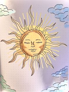 a drawing of a sun with its eyes closed and clouds in the sky behind it