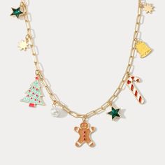 Celebrate the holidays with this festive Christmas Tree Gingerbread Man Necklace. This delicious-looking necklace features a gingerbread man hanging from a tree, making a perfect addition to any holiday ensemble. Spread the Christmas cheer with this fun and quirky accessory! DETAILS Plating: 18K Gold Materials: 18K Gold on Brass, Dripping oil,  Imitation Pearl, Zircon Measurements :   Length: 15.75"(40cm) + Extender: 1.97"(5.0cm) Weight: 21g Christmas Tree Gingerbread, Burr Basket, Man Necklace, Unique Gift Wrapping, Christmas Necklace, Butterfly Gifts, Christmas Accessories, Gold Charm Necklace, Charm Necklaces