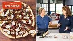 two women standing in front of a pizza on a counter and the woman is talking to each other