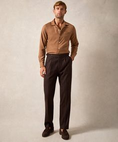 Italian Flannel Side Tab Trouser in Brown Pinstripe Classic Pinstripe Shirt, Mens Single Pleat Pants, Wool Pants Mens, Pleated Corduroy Pants Men, Brown Semi-formal Fall Bottoms, Semi-formal Brown Bottoms For Fall, Brown Bottoms For Semi-formal Fall Occasions, Semi-formal Brown Pants For Fall, Sweatshorts Shorts