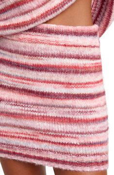 Rosy stripes wrap a figure-hugging mini sweater-skirt knit from a cozy wool-enriched yarn blend. Elastic waist 53% acrylic, 33% nylon, 14% wool Dry clean Imported Denim Wrap Skirt, Skirt Knit, Mini Sweater, Striped Maxi Skirts, Wrap Mini Skirt, Suede Mini Skirt, Striped Maxi, Stripe Skirt, Striped Linen