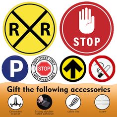 various road signs are shown with the words stop, no parking and right turn arrows