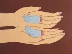 two hands with blue and pink gloves on their palms are shown in this animated image