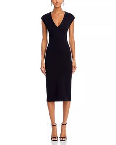 AQUA - V Neck Ponte Short Sleeved Midi Dress - 100% Exclusive Classic V-neck Midi Dress For Night Out, Classic V-neck Midi Dress For Date Night, Classic Spring Midi Dress For Night Out, Classic Midi Dress For Spring Night Out, Midi Short Sleeve Dress, Midi Dress With Sleeves, Dress 100, Fashion Inspiration, Pick Up