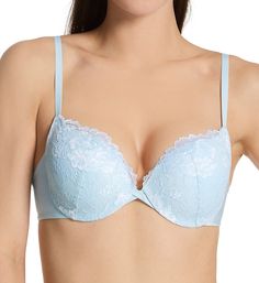 Pretty lace with cross-dyed flowers enhance this push-up underwire bra. The plunge style and padded cups show off your sexy cleavage. Made of nylon/rayon/spandex. Contour/t-shirt, underwire cup shapes and supports with heavy graduated push-up padding along bottom and sides of cup for a youthful and sexy appearance. Beautiful lace overlay has a cross-dyed floral pattern, and vertical darts for shape. Bandless front is great for petites and women with short torsos. Center panel - plunge with arche Lace Push-up Bra With Removable Cups, Push-up Lace Bra With Removable Cups, Padded Lace Underwire Bra, Cup Shapes, Dyed Flowers, Maidenform Bras, Push Up Pads, Short Torso, Demi Bra