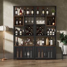 an image of a wine rack in the living room with bottles and glasses on it