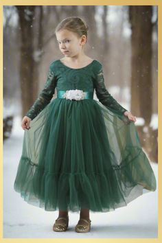 Green Girl's Dress in Long Sleeves Step into the festive season in style with our Girls Hunter Green Special Occasion Dress! This beautiful dress is perfect for holiday parties or that special Christmas day celebration. With its eye-catching shade of green and elegant design, your little girl will stand out among the crowd. Dress Features A long sleeve soft lace bodice, made of stretchy lace with a "V" shaped on the back, edged with delicate lace. Mermaid Style with a cotton liner under layers o Christmas Day Celebration, Girls Christmas Dress, Kids Christmas Dress, Girl Green Dress, Toddler Christmas Dress, Christmas Girls, Cute Christmas Outfits, Kids Christmas Outfits, Infant Flower Girl Dress