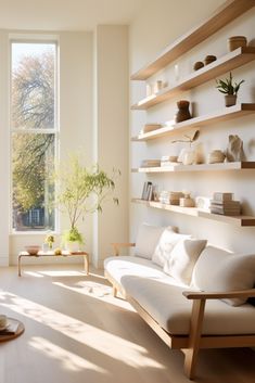 a living room filled with furniture and shelves